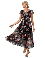 GRACE KARIN Damen Rüschenärmel V-Ausschnitt Midikleid A-Linie Blume Sommerkleid Mit Taschen Schwarz–Mehrfarbige Rose M – Ansicht 2