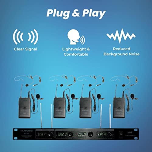 Musysic [Mu- V4L] 4 Quad Channel Wireless Microphone System – Wireless Vhf Lapel Lavalier Headset, Transmitter And Receiver Advanced Sm Technology 1/4” Output Individual Frequency & Volume Control #TOP1