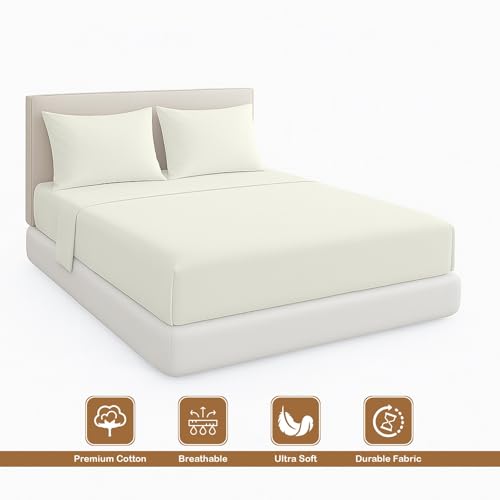 ARlinen Queen Waterbed Sheet Set - 4 Piece, 100% Cotton, 15 Inch Deep Pockets, Attached Design, Extra Soft Solid Ivory Bed Sheets