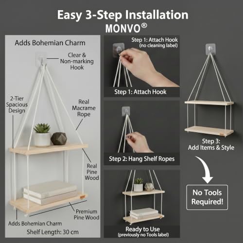 Image of No-Drill 2-Tier Wall Hanging Shelf | Elegant Boho Wall Decor for Plants and Home Decoration, Living Room, Bedroom & Balcony | Handwoven Art Piece