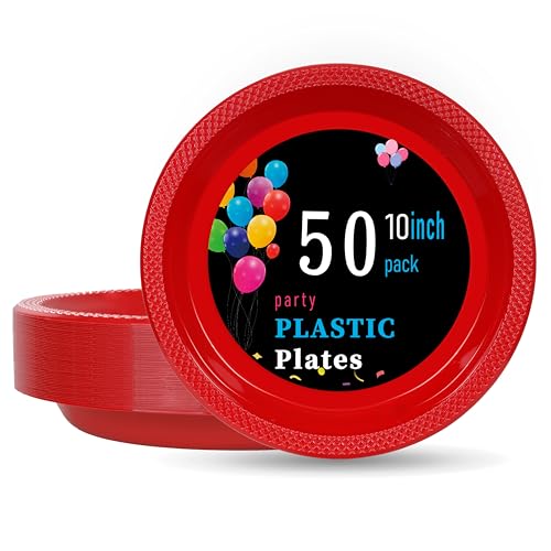 WELLIFE Red Plastic Plates 10 Inch 50 Count Disposable Plate for Party Mothers Day Large Big Plate for Dinner Party Supplies Birthday Camping BBQ Baby Shower