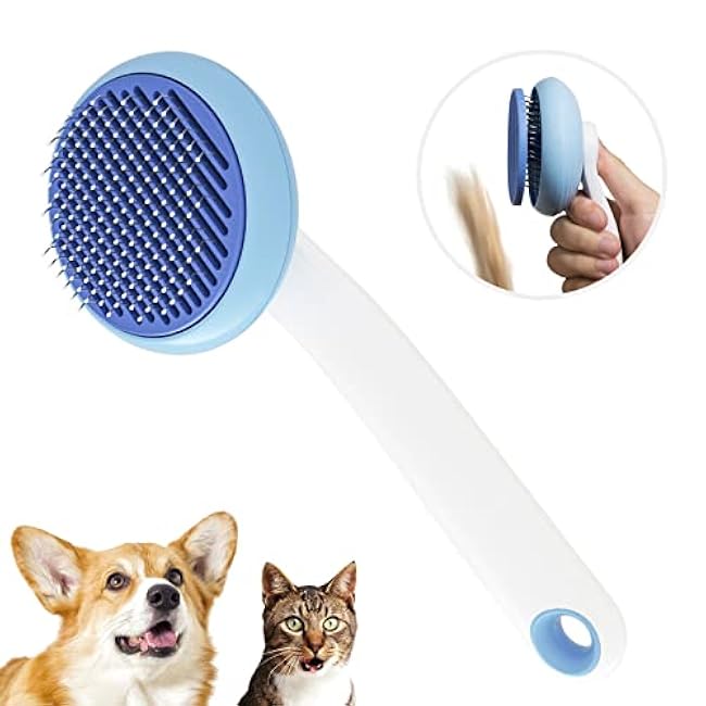 Self-Cleaning Slicker Brush for Pet Grooming: Removes Tangles, Loose Undercoat & Mats from Cats & Dogs (Blue)-nXqtYsec
