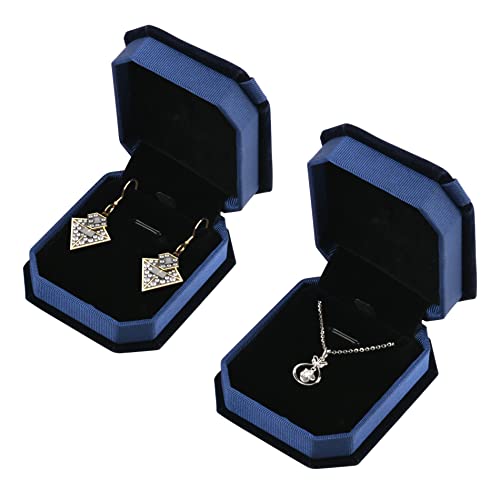 Cosmos 2 Pcs Velvet Necklace Gift Box Pendant Gift Box Octagonal Earrings Jewelry Box Bracelet Storage Case With Bow For Engagement, Valentine's Day, Birthday Gift And Jewelry Storage - Blue Color #TOP1