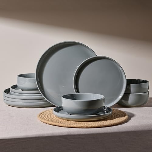 Image of Famiware Milkyway Plates and Bowls Set, 12 Pieces Dinnerware Sets, Dishes Set for 4, Dark Gray