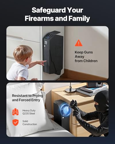 VEVOR Waffentresor Pistolentresor mit Fingerabdruck/Passwort (6-stellige Tastatur)/Schlüssel, Waffensafe Waffenkofferbox mit LED für 1 Pistole & Magazin, 190 x 98 x 425 mm Waffenbox für Nachttisch