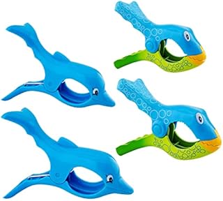 Beach Towel Clips,Sunbed Pegs,Plastic Beach Towel Clips Clothespins,Windproof Clothes Clips,Large Cute Windproof Clothes Pins,Plastic Quilt Clips Clamp Holder (Fish+Dolphin 4Pcs)