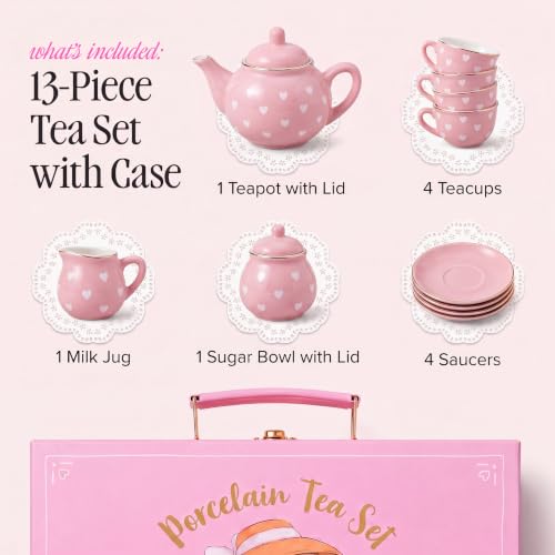 Image of Giggle & Honey Pink Heart Tea Party Set for Little Girls, Porcelain Kids Tea Set with Carry Case, Teapot Cups & Saucers, Princess Pretend Play Gifts for Girls 3, 4, 5, 6, 7, 8 Years