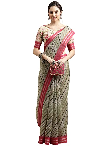 Image of AKHILAM Women's Linen Leheriya Printed Saree with Unstitched Blouse Piece (Multicolored SUSHM8 Parent)