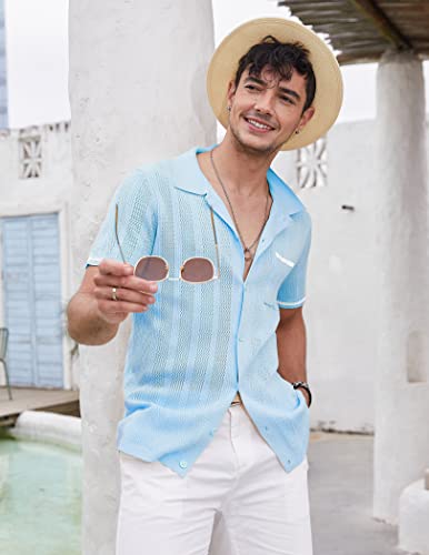 COOFANDY Camisa Polo para Hombre de Manga Corta Casual para Vacaciones en la Playa Azul Claro miniatura 2