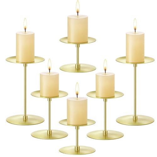 Elsjoy Set of 6 Gold Pillar Candle Holders, Metal Pillar Candle Stand Modern Candle Holders, Fireplace Candelabras Set for Home Decor, Table Centerpiece, Wedding, 3 Sizes