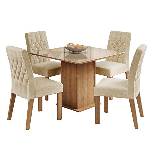 Conjunto Sala de Jantar Madesa Brenda Mesa Tampo de Vidro com 4 Cadeiras - Rustic/Crema/Imperial