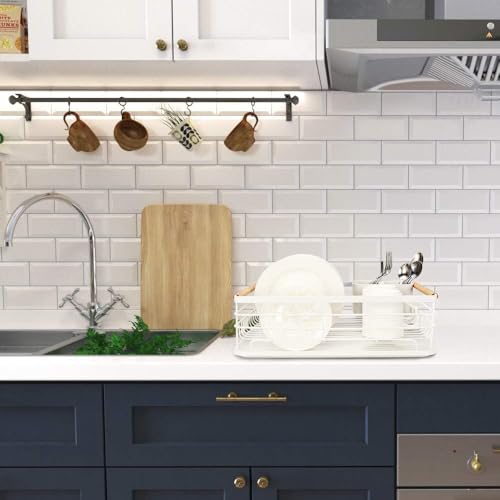 Attom Tech Home Modern Wood Handle Dish Rack and Drain Board, 16.5" x 12" x 5.5" Kitchen Plate Cup Dish Drying Rack Tray Cutlery Dish Drainer - Thumbnail 2