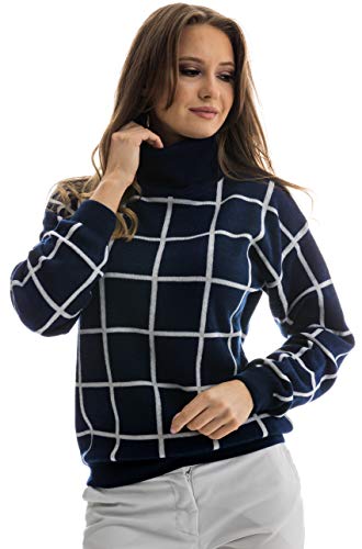 Pulôver feminino de manga comprida com gola rolê de lã merino italiano da Knitton, Navy Square Patte