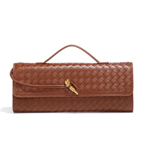 SCRILLE Evening Woven Handbag for Women PU Leather Clutch Purses Removable Strap Shoulder Bag Fashion Crossbody Tote Bag (Brown)