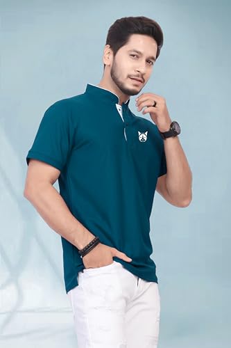 Image of BAGHADBILLO Men's and Boy's Polyster T-Shirt with Mandarin Collared Neck Half Sleeves Closuer Button and Regular Fit | Polo t Shirt for Man