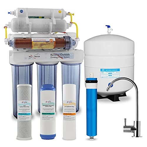 Max Water 11 Stage Home Reverse Osmosis Water System/RO Water Filtration System Under Sink Mixed Bed DI Deionization Filter 50 GPD DI Filter, PH 5-1 Alkaline Water Filter CP Modern Faucet