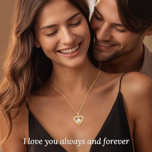 Moissanite Heart Pendant Necklaces for Women, 925 Sterling Silver Gold Plating Lab-Created Gem Necklace Engraved with 'I LOVE YOU', Ideal Anniversary Birthday Christmas Valentine Engagements Mothers Day Jewelry Gifts for Mom Wife Girlfriend Daughter Her2