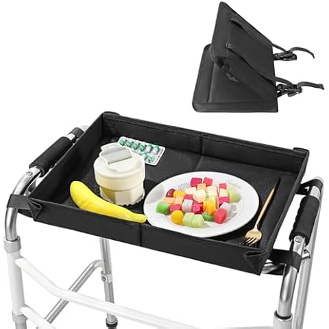Rhino Valley Walker Tray for Folding Walker, Foldable Tray for Walker with Cup Holder, Walker Accessories for Elderly Rolling Walker Tray, Non-slip Mobility Table Trays for Walkers for Seniors - Black Cover