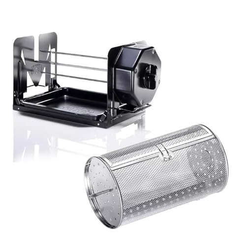 ROTO-Q 360 Cordless Rotisserie Kit w/Tumble Basket - Stainless Steel Non-Electric - For Grills Ovens Smokers - Gas/Charcoal BBQ Kamado Joe Green Egg Kettle - Indoor/Outdoor Use (Black)