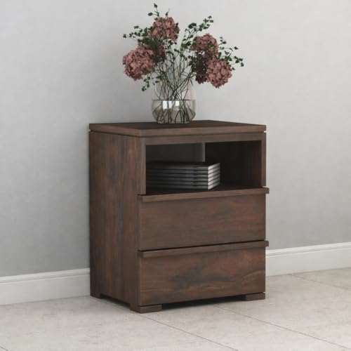 Image of Premium Solid Wood Bedside Table with 2 Drawer & 1 Open Shelf | Modern Wooden Nightstand for Bedroom | Bedside Storage Table for Home & Hotel (Walnut Finish)