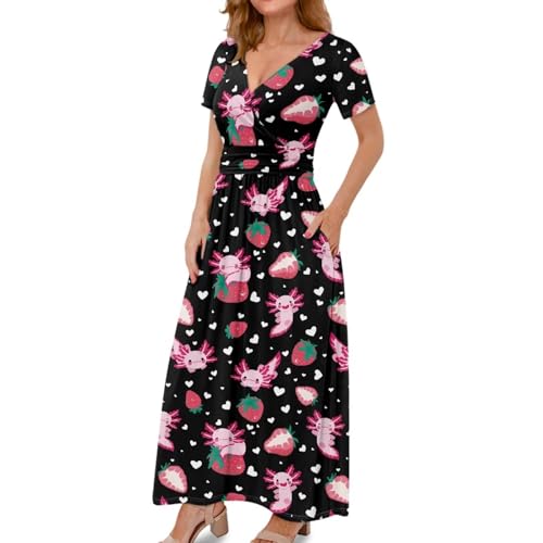 Image of Women's Fall Summer Short Sleeve Ankle Length V-Neck Party Dress with Pockets Size S-3XL