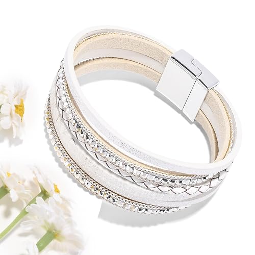VIBILIA Handmade Boho Leather Wrap Bracelets for Women - Trendy Multi-Layered Jewelry with Durable Clasp - Chic White Design - Image 4