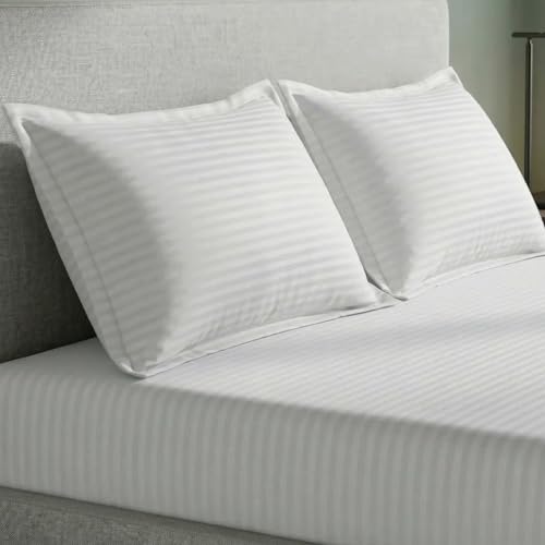 Image of Home Sizzler 300TC Cotton White Satin Striped Double Bedsheet with 2 King Size Pillow Covers, 90 inchX92 inch