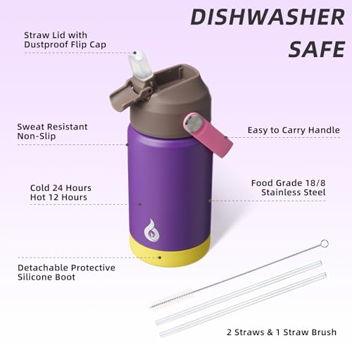 Image of BJPKPK Insulated Water Bottle with Straw Lid, 12oz Thermo Water Bottles with Soft Nozzle, Flex Handle & Non-slip Boot, BPA Free Leak Proof Stainless Steel Metal Thermo, Tumblers, Cups,Violet