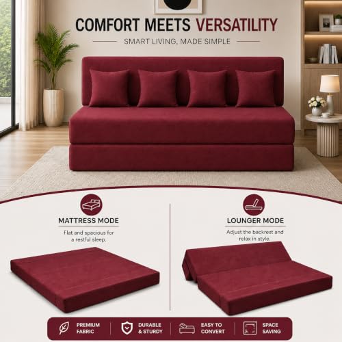 Image of Four Seater Sofa Cum Bed 6x6 Ft with Soft Foam Cushioning, Comfortable Foldable Sofa Bed for Living Room, Bedroom, Guest Room & Office(Mehroon)