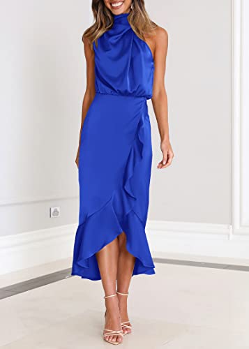 Image of KIRUNDO Women's Summer Satin Mock Neck Wedding Guest Dress | Party Cocktail Midi Dress, 2026 Spring Fashion, Silky, Elegant Classy Halter High Neck, Sleeveless Wrap Ruffle Formal Dress
