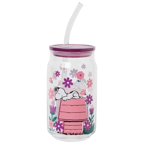 Silver Buffalo Peanuts Snoopy Spring, Glass Tumbler with Plastic Lid, 16oz