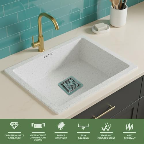 Image of BASINQU Quartz Sink for Kitchen | 21x18x9 Inches Quartz Kitchen Sink Sand-Pluto | Granite Sink For Kitchen Basin UV Protected, Granite Scratch Resistant, Undermount /Topmount Sinks
