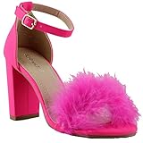 TOP Moda K 30 Womens Feather Fur Chunky Heel Sandals Nubuck Hot Pink 10
