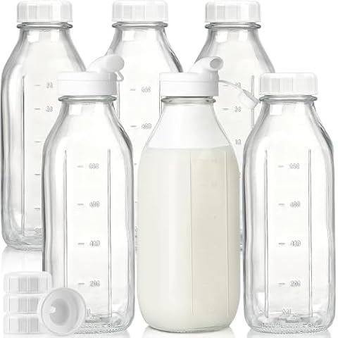 Liter Glass Milk Bottles w 100% Airtight Heavy Duty Screw Lid & 2 Dispenser- 6 Pack 32 Oz Drinking Jars - Food Grade Glass Bottles for Milk, Honey, Jam - Dishwasher Safe(Extra 2 Lids and Stickers) Cover