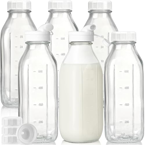 Image of Liter Glass Milk Bottles w 100% Airtight Heavy Duty Screw Lid & 2 Dispenser- 6 Pack 32 Oz Drinking Jars - Food Grade Glass Bottles for Milk, Honey, Jam - Dishwasher Safe(Extra 2 Lids and Stickers)