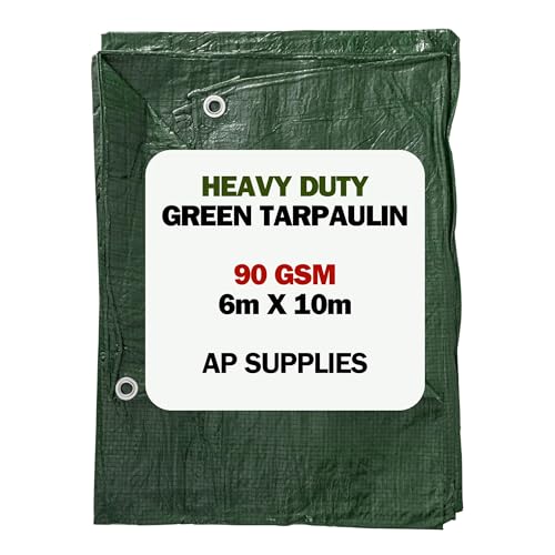6m x 10m Green Tarpaulin Cover - 90gsm Thick - 20ft x 33ft Waterproof, Weatherproof, Frost-Resistant, UV Protection, Universal, Multipurpose, Groundsheet, Camping, Boating, Hiking Heavy Duty Sheet
