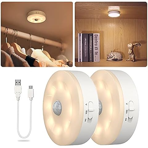 SIBI Motion Sensor LED Light, USB Rechargeable Night Lights, Stick on Anywhere Puck Lights for Cupboard, Closet, Wardrobe, Stairs (2 Pack) Cover