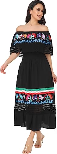 Image of YZXDORWJ Women Embroidered Mexican Peasant Casual Sexy Lace Off-Shoulder Long Dress