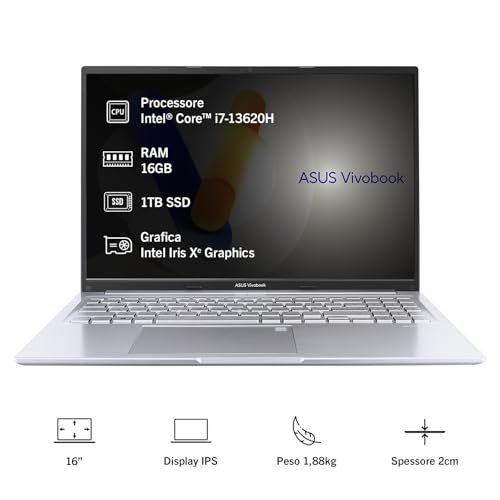 Vivobook 16 X1605VA#B0DXQDVR6Q, Notebook con Monitor da 16" Anti-glare, 60Hz, Intel® Core™ i7-13620H, RAM 16GB, 1TB SSD, Win 11Home, Argento - Notebook - Immagine 1