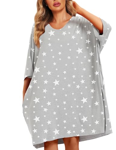 Image of KFUBUO Plus Size Nightgowns for Women Oversized Sleep Tshirts Dress Short Sleeves Sleepwear With Pocket Fit S-5XL