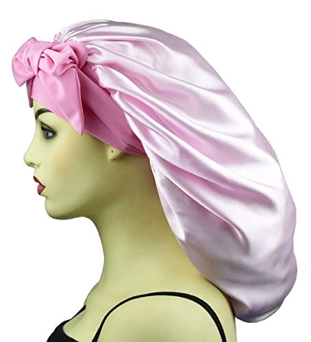 Satin Bonnets for Braids Long Hair Bonnets for Women Curly Hair XL Large Sleeping Night Cap Silk Sleep Bonnet with Tie Band Pink