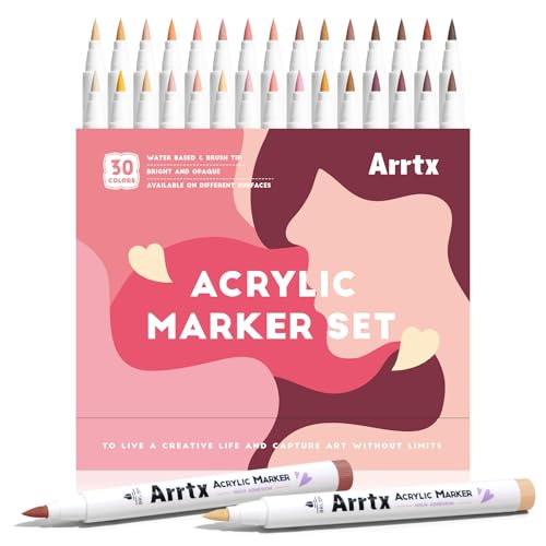 Arrtx Acrylic Markers Skin Tone 30 Colors,Brush Tip,Water Based Acrylic Paint Pens Paint Markers,Perfect for Glass Marking,Anime Drawing,illustration Sketching,Rock Painting,Stone,Canvas