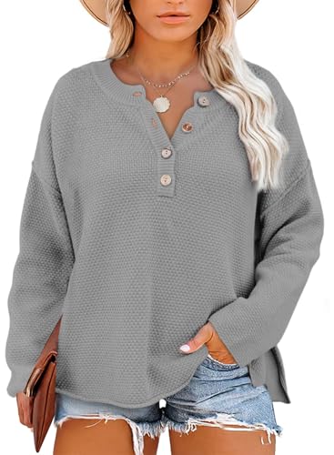Image of Eytino Womens Plus Size Sweaters Casual Long Sleeve Loose V Neck Button Henley Tops Pullover Knit Jumpers,(1X-5X)