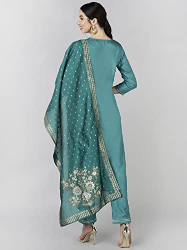 Image of Vaamsi Women's Poly Silk Solid Yoke Design Straight Kurta Set With Dupatta