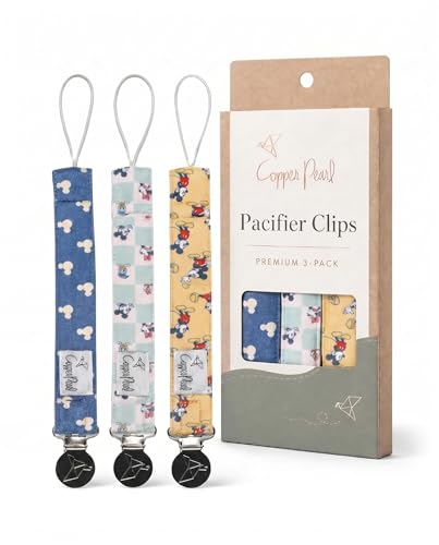 Image of Copper Pearl 3-Pack Pacifier Holders: Premium Knit Binky Clips for Baby Girls and Boys - Stylish Stainless Steel Design for Secure No-Drop Attachment - Mickey Mouse & Friends