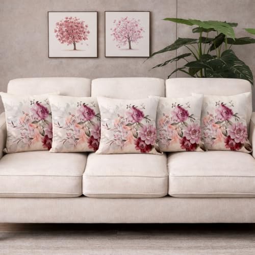 Image of Pack of 5 | Luxury Pink Floral Printed Polycotton Cushion Cover Set of 16x16 inch, Pillow Cover Set for Sofa, Living Room Decor, Cushion Cover Set for Bedroom, Throw Pillow Cases