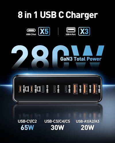 280W USB C Charger Block, 8-Port USB C Charging Station GaN III PD 65W Laptop Charger Adapter Compatible with MacBookPro/Air,DELL,iPad,Portable Charging Station for iPhone,Samsung Galaxy (Black)