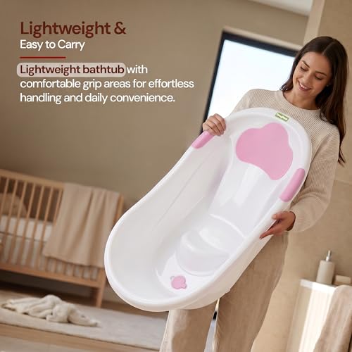 Image of Baybee Comfort Baby Bath Tub for 0 to 5 Years | Baby Bather & Bathtub with Anti-Slip Base & Quick Drains | Bath Tub for Kids with Soft Headrest & Compact Storage for Boys & Girls (Pink)