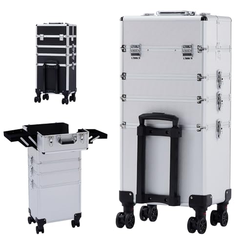 Arebos 4-in-1 Kosmetikkoffer | 4 Fächer & 1 Schublade | Teleskop- und Tragegriff | 8 Schlösser | 4X 360°-Rollen | Samtfutter | Trolley | Make-Up Koffer | Silber