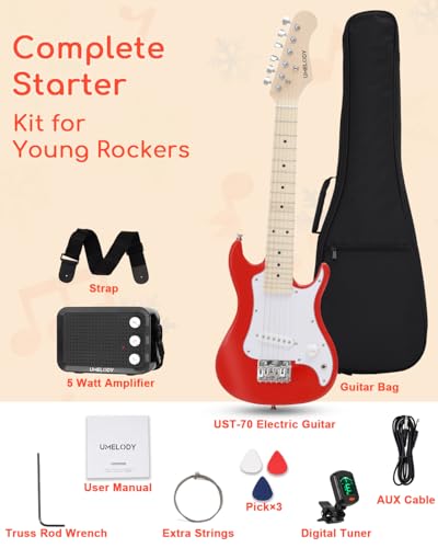 Image of UST-70 Kids Electric Guitar Beginner Kit with Amp, Ideal First Guitar for Starter, Lightweight 30 Inch Guitar for Boys and Girls, Fun Music Gift for Learning, Practice and Play at Home, Red